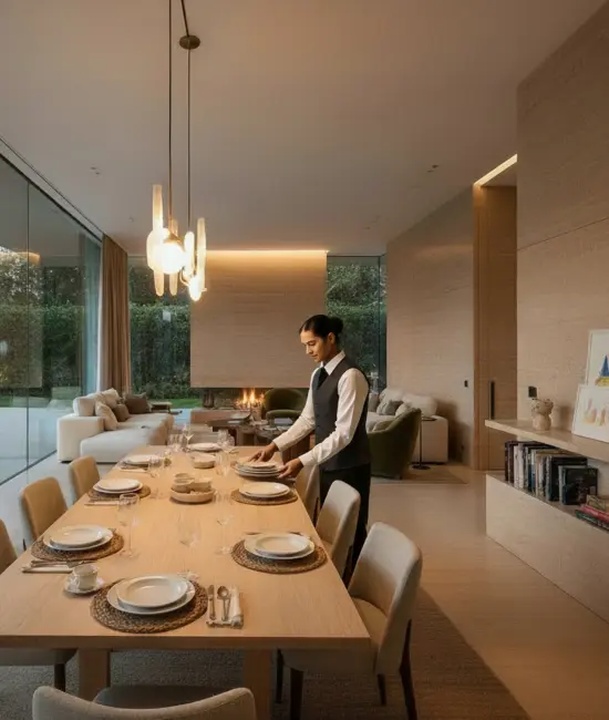 Domestic service staff member setting a formal dining table in a modern private residence.
