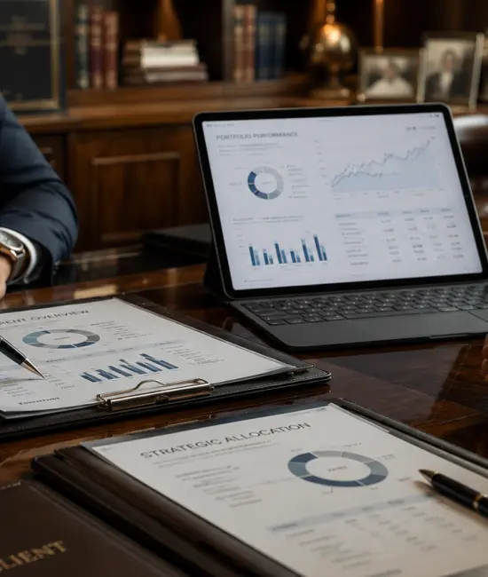Investment advisors discussing portfolio performance and strategic allocation documents in a luxurious private office, representing investment roles in family office.