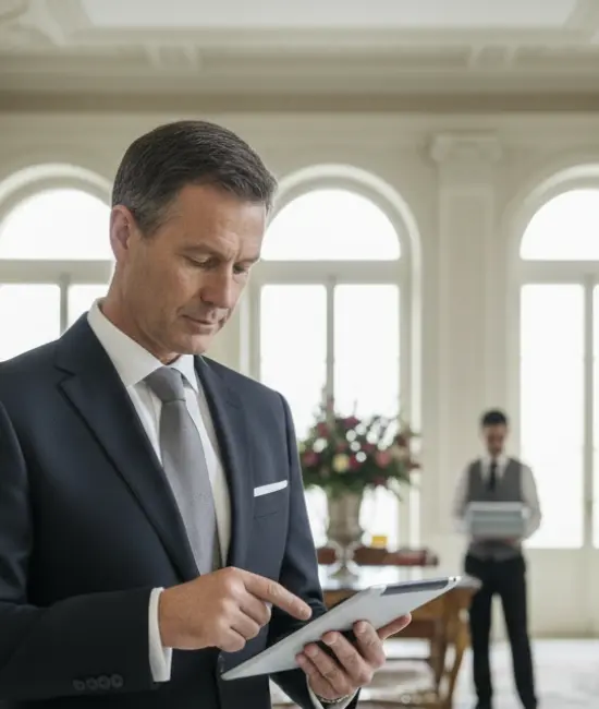 Hospitality manager using a tablet while coordinating service staff in an elegant luxury venue.