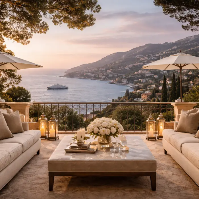 Luxury hotel coastal terrace with elegant seating, sea views and a yacht at sunset.