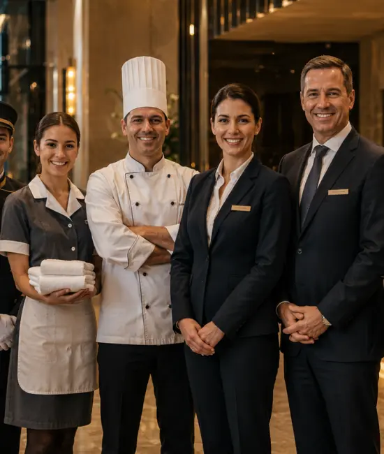 Luxury hotel team posing together in a hotel lobby, including a chef, housekeeper, receptionist, bell staff and waiter, all smiling professionally in uniform.