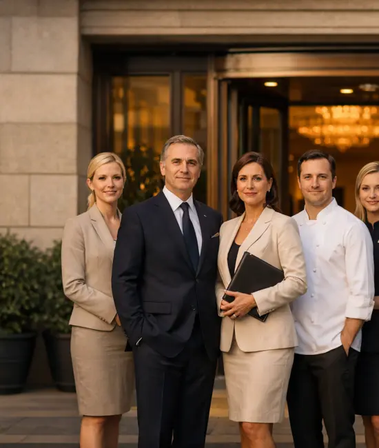 A polished team of luxury hospitality employees standing together at the entrance of an elegant five-star hotel, dressed in refined uniforms and softly smiling in a professional, welcoming manner.