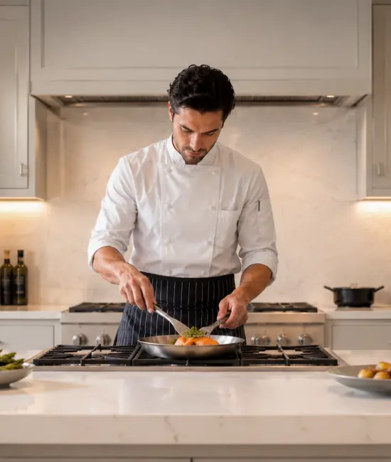 Private chef plating a gourmet dish in a luxury marble kitchen with soft warm lighting.