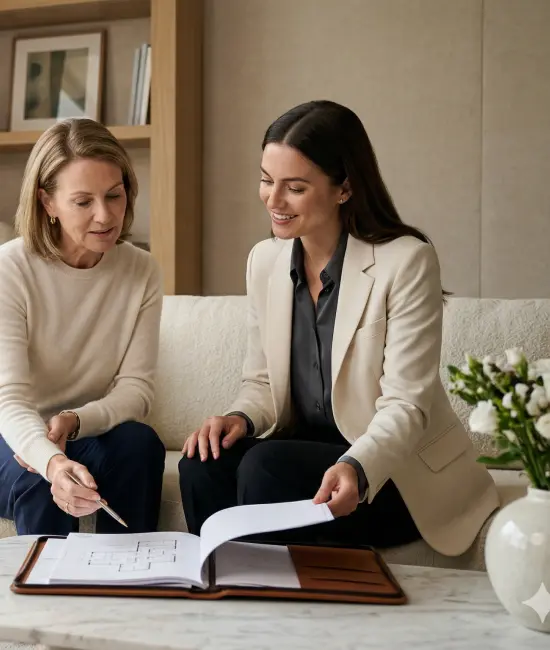 Personal support recruitment consultant reviewing household plans with a private estate client in a refined residence.
