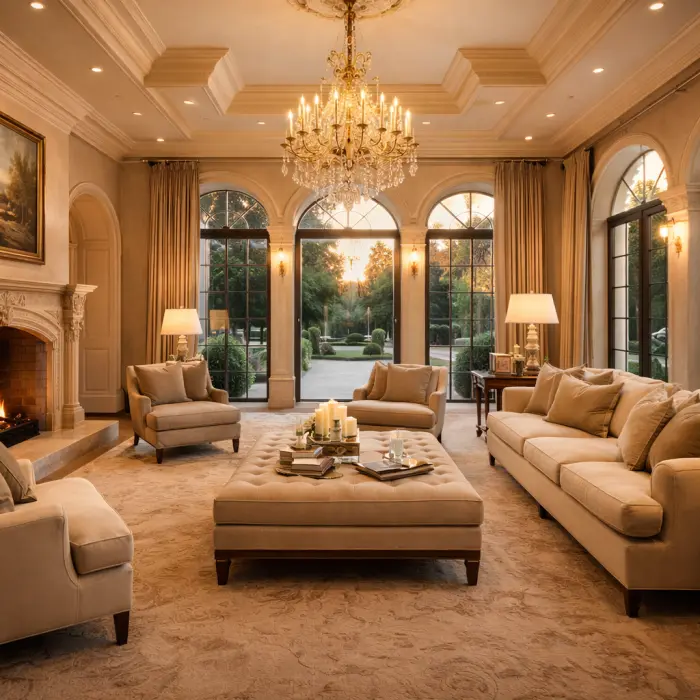 Elegant private estate interior with formal lounge seating, fireplace and landscaped garden views.