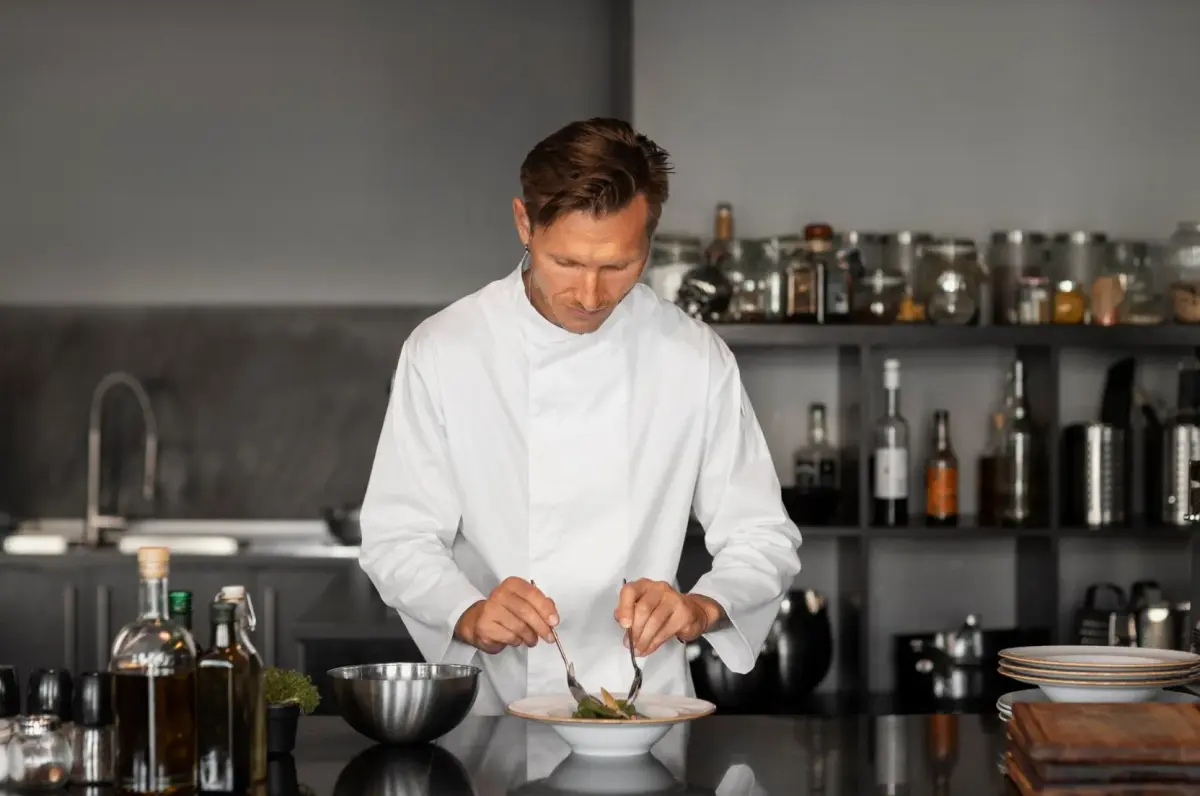 A private chef preparing a meal in a luxurious home kitchen