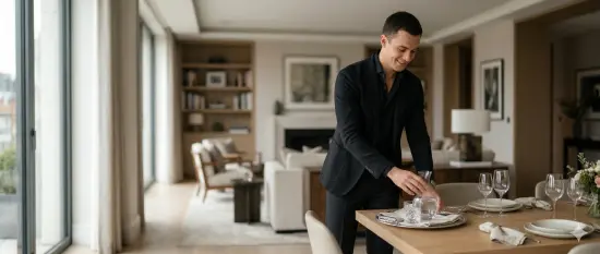 Professional butler setting a formal dining table in an elegant private residence with refined glassware and tableware.