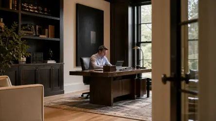 Private office setting for confidential NDA review and background checks, with a professional working at a desk in a discreet, high-end environment.