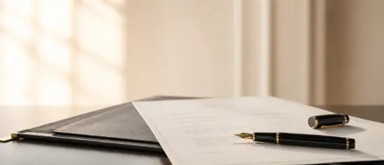 Executive search documents with a fountain pen, representing contingent, exclusive, and retained recruitment search options.