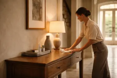 Domestic staff member carefully cleaning a console table in an elegant private residence, representing a premium domestic staff recruitment agency.