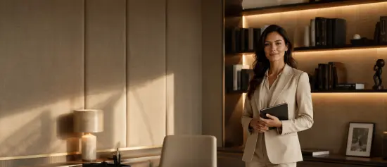 Professional executive assistant holding a tablet in a refined private office with bookshelves and warm lighting.