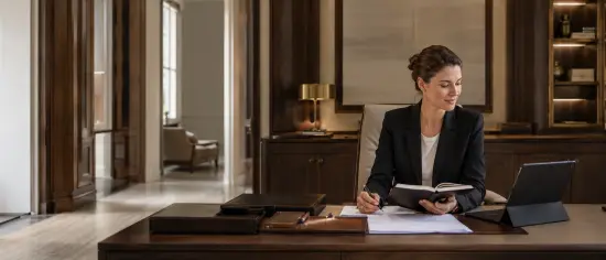 Executive assistant taking notes while reviewing documents in an elegant private office.