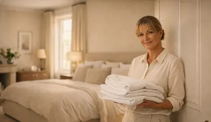 Executive housekeeper holding fresh linens in a luxury bedroom, representing discreet household care in a private residence.
