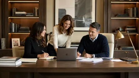 Private office team smiling while reviewing notes and schedules in a private workspace.