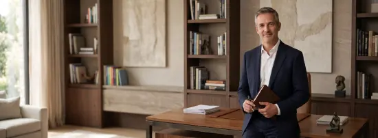 Founder’s Associate in a luxury private office, standing beside a desk and holding a notebook and pen.