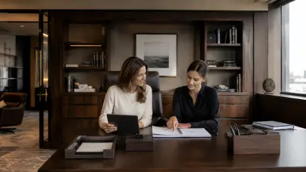 A founder and the personal assistant in a private office setting sitting on the desk and talking about work.