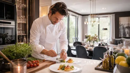 Private chef plating gourmet dishes in a luxury home kitchen with fresh ingredients and an elegant dining setting.