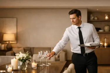 Aspiring butler setting a formal dining table in a private residence, representing the skills needed to become a professional butler.