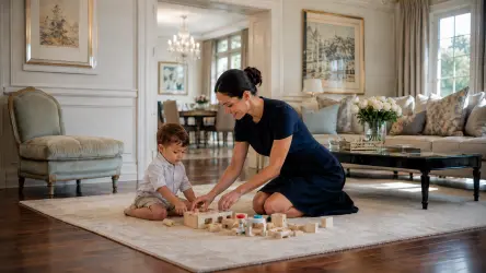 Professional nanny helping a young child play with wooden toys in an elegant private family home.