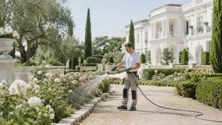 Gardener watering flower beds in the landscaped gardens of a grand private villa.