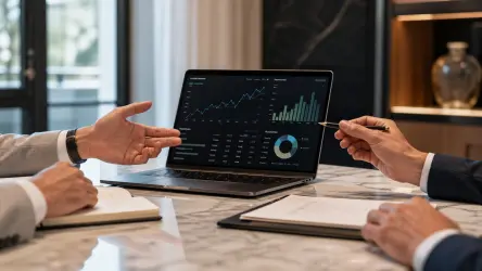 Family office professionals reviewing investment performance charts on a laptop, representing investment roles in private wealth management.