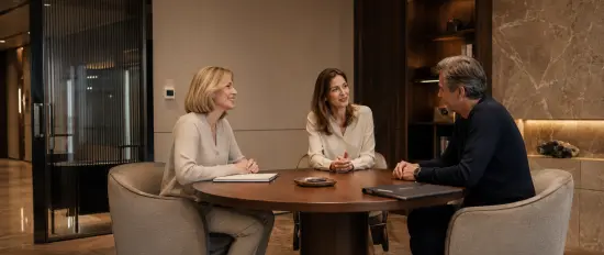 Discreet client consultation in a luxury private recruitment office.