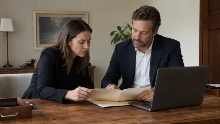 Two private office professionals reviewing salary documents beside a laptop in a natural, discreet meeting setting.