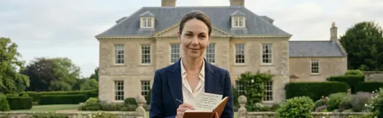 Estate manager standing outside a grand private residence with landscaped gardens, representing the distinction between palace manager and estate manager roles.