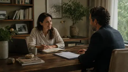 Private office hiring consultation in a warm, discreet setting, with a recruiter reviewing documents with a candidate.