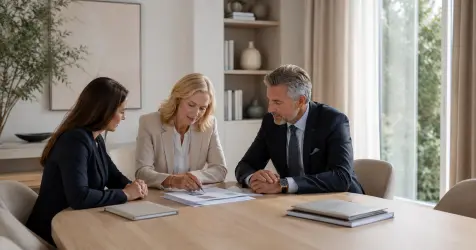 Three professionals reviewing documents in a bright, elegant meeting room.