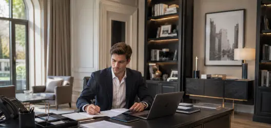 Young male personal assistant reviewing documents at a desk in a refined private office.