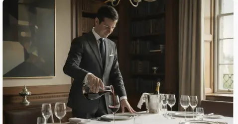 Professional butler pouring wine at a formal dining table in an elegant private residence.