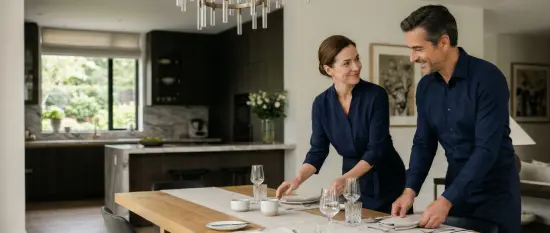 Professional domestic couple setting a formal dining table in an elegant private residence with a modern kitchen and refined interiors.
