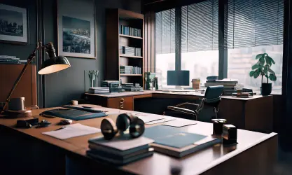 Elegant private office representing a family office, with desks, documents, bookshelves, and a refined professional setting.