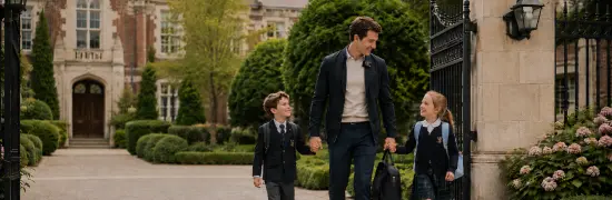Young manny accompanying two children in school uniform through a school entrance.