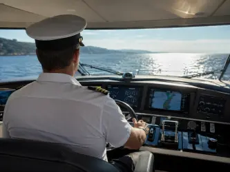 Private yacht captain navigating from the helm with ocean views and coastal scenery ahead.